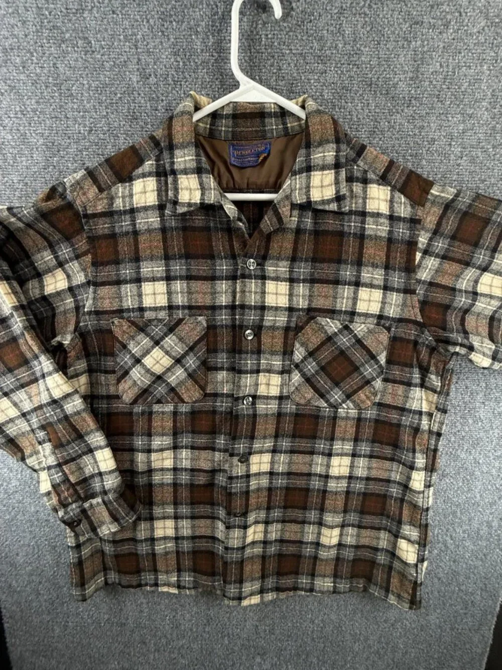 VTG Pendleton Virgin Wool Button Up Shirt Large Plaid Brown 60s 70s Soft Adult